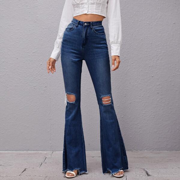 

High Waist Raw Hem Ripped Flare Jeans, Dark wash