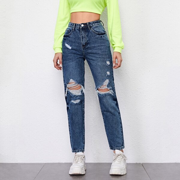 

High Waist Ripped Mom Jeans, Dark wash