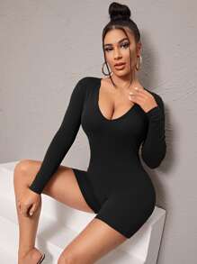 SHEIN Essnce Mono escote V profundo unicolor - Negro - Ver 1