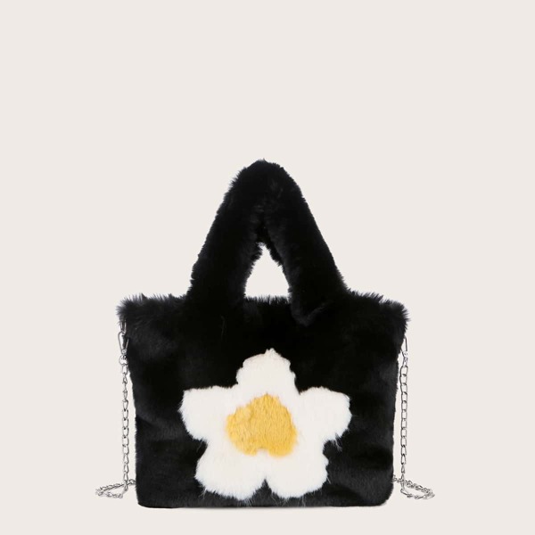 

Floral Graphic Fluffy Tote Bag, Black
