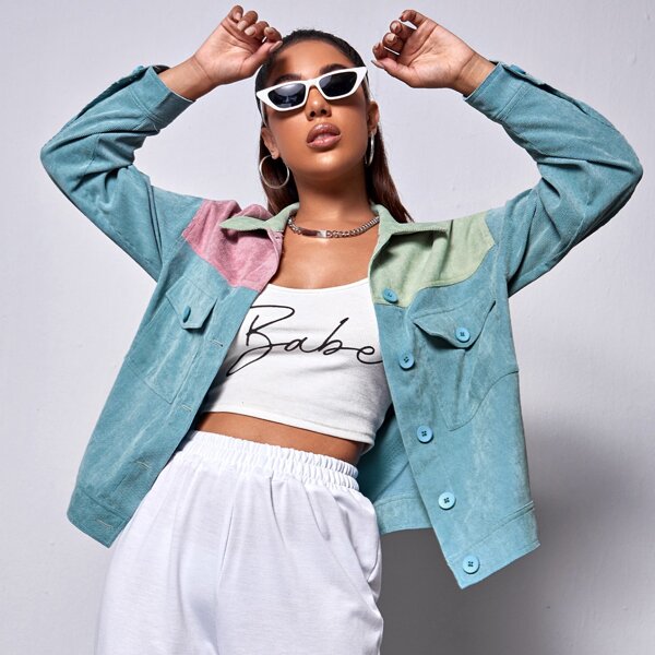 

Flap Pocket Colorblock Cord Jacket, Baby blue