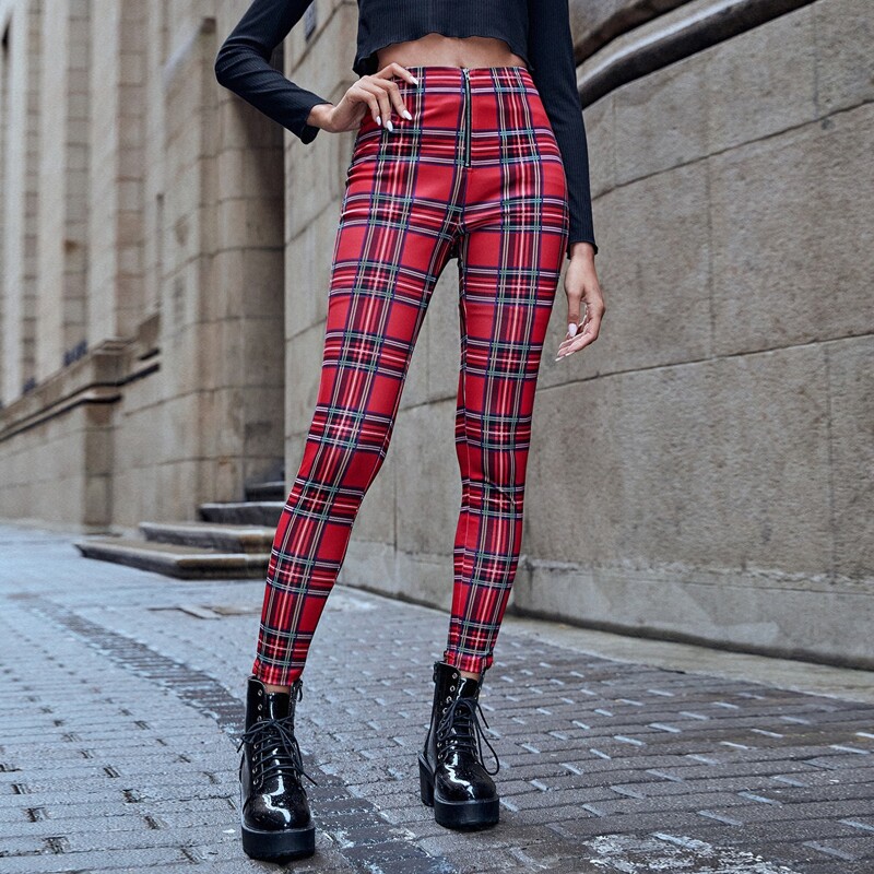 

Tartan Print Zipper Leggings, Red