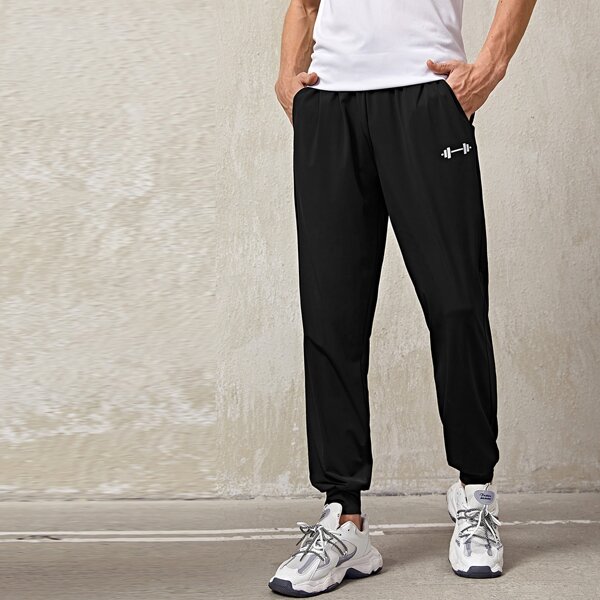 

Men Graphic Print Drawstring Waist Sports Sweatpants, Black