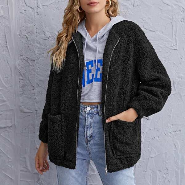 

Pocket Patched Zip Up Teddy Jacket, Black
