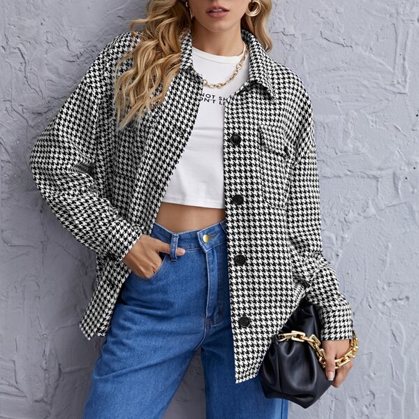 

Drop Shoulder Flap Pocket Patched Houndstooth Coat, Black and white