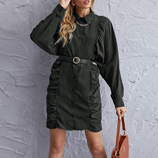 

Batwing Sleeve Ruched Detail Shirt Dress Without Belt, Black