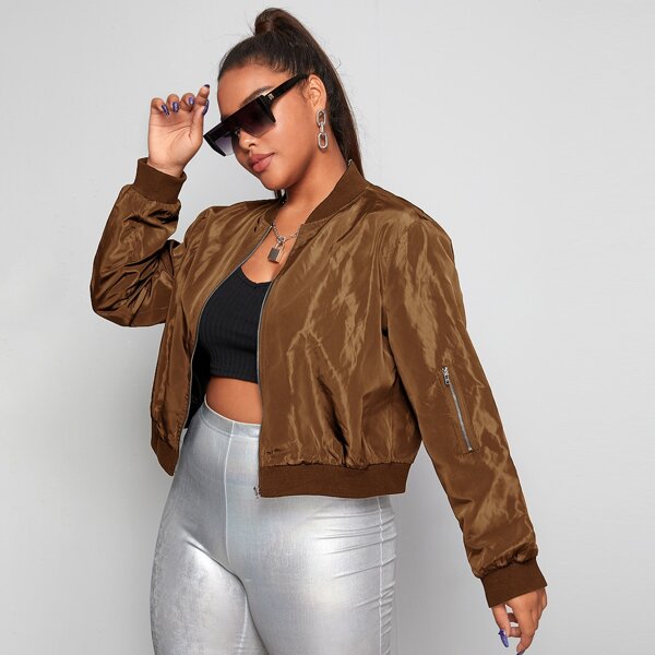 

Plus Solid Zip Up Crop Bomber Jacket, Brown