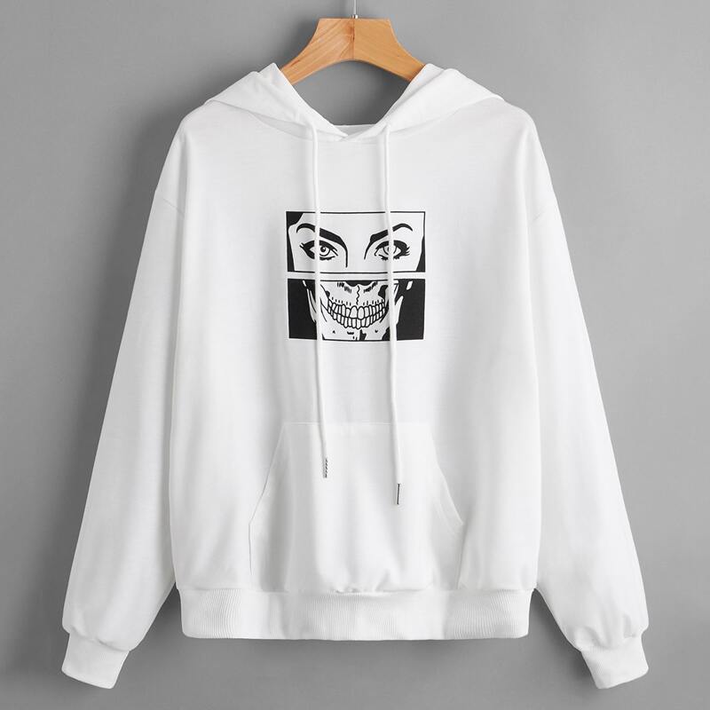 

Skeleton Graphic Drawstring Hoodie, White
