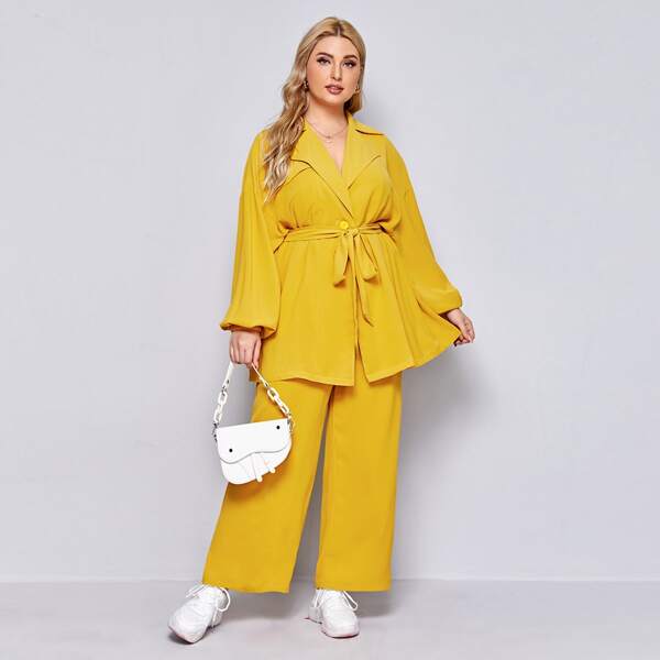 

Plus Single Breasted Belted Coat & Wide Leg Pants Set, Bright yellow