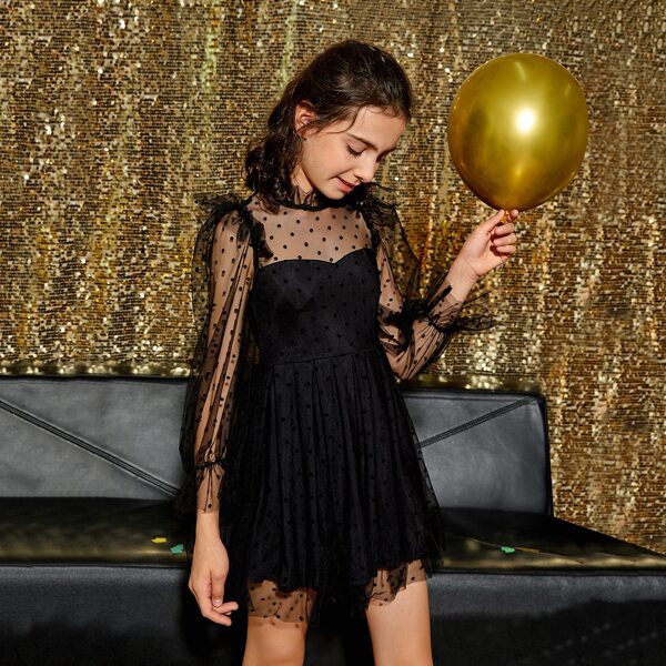 

Girls Flounce Sleeve Dobby Mesh Dress, Black