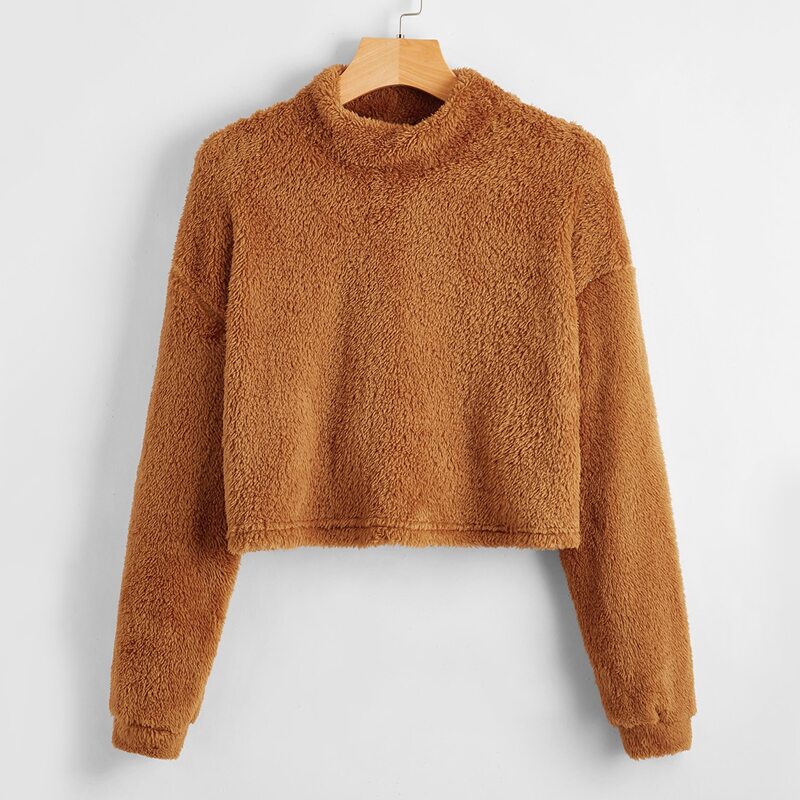 

Mock Neck Drop Shoulder Crop Teddy Pullover, Ginger