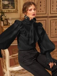SHEIN Privé Lantern Sleeve Tie Neck Exaggerated Ruffle Top - Black - View 1