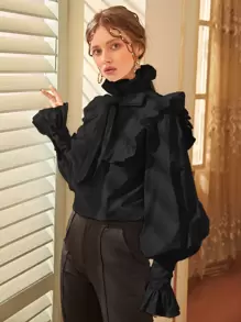 SHEIN Privé Lantern Sleeve Tie Neck Exaggerated Ruffle Top - Black - View 4