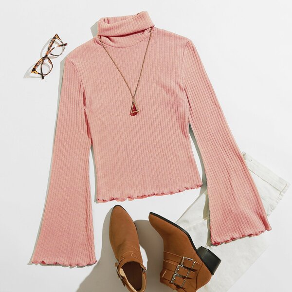 

Turtle Neck Bell Sleeve Lettuce Trim Rib-knit Top, Coral pink