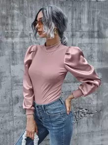 SHEIN Unity Top tejido de canalé de manga gigot de satén de cuello alto - Rosa vieja - Ver 1