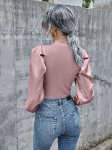 SHEIN Unity Top tejido de canalé de manga gigot de satén de cuello alto - Rosa vieja - Ver 2
