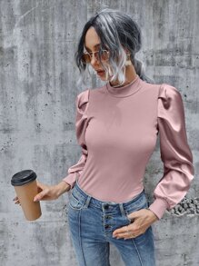 SHEIN Unity Top tejido de canalé de manga gigot de satén de cuello alto - Rosa vieja - Ver 3