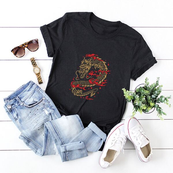 

Chinese Dragon Print Short Sleeve Tee, Black