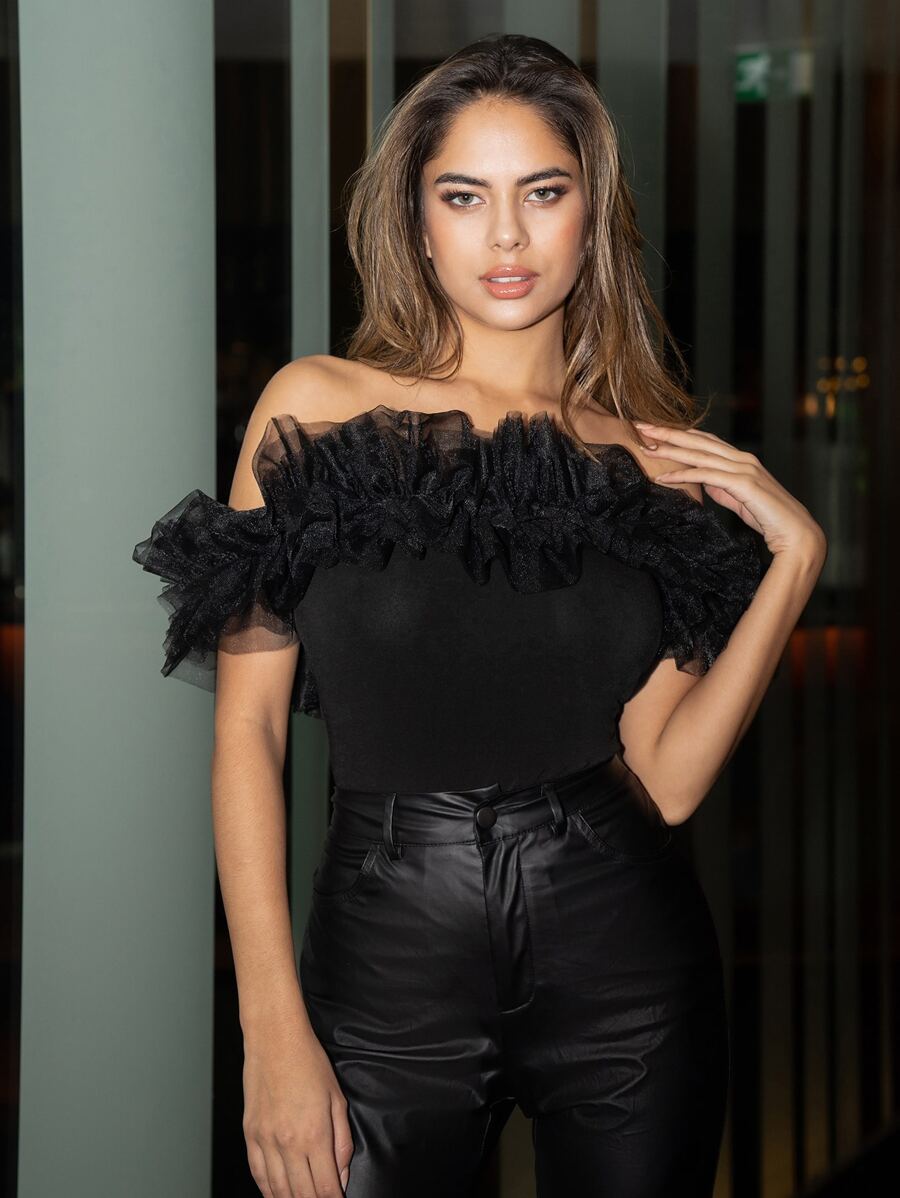SHEIN BAE Áo nữ Xù màu trơn Hấp dẫn - màu đen - Xem 1