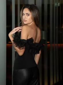 SHEIN BAE Áo nữ Xù màu trơn Hấp dẫn - màu đen - Xem 2