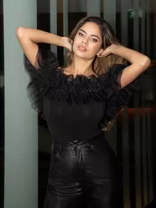 SHEIN BAE Áo nữ Xù màu trơn Hấp dẫn - màu đen - Xem 3