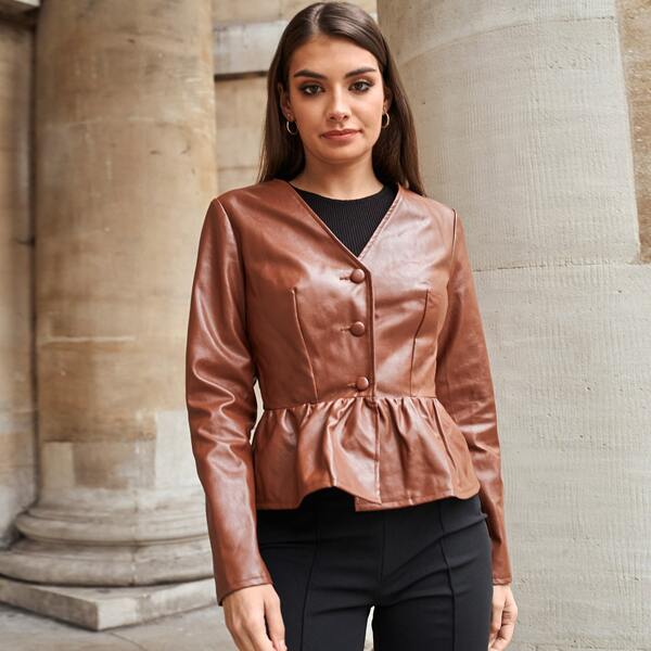 

Button Placket Ruffle Hem PU Jacket, Rust brown
