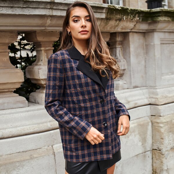 

Contrast Lapel Collar Plaid Blazer, Multicolor