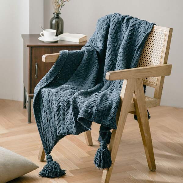 

1pc Solid Tassel Knitted Blanket, Teal blue