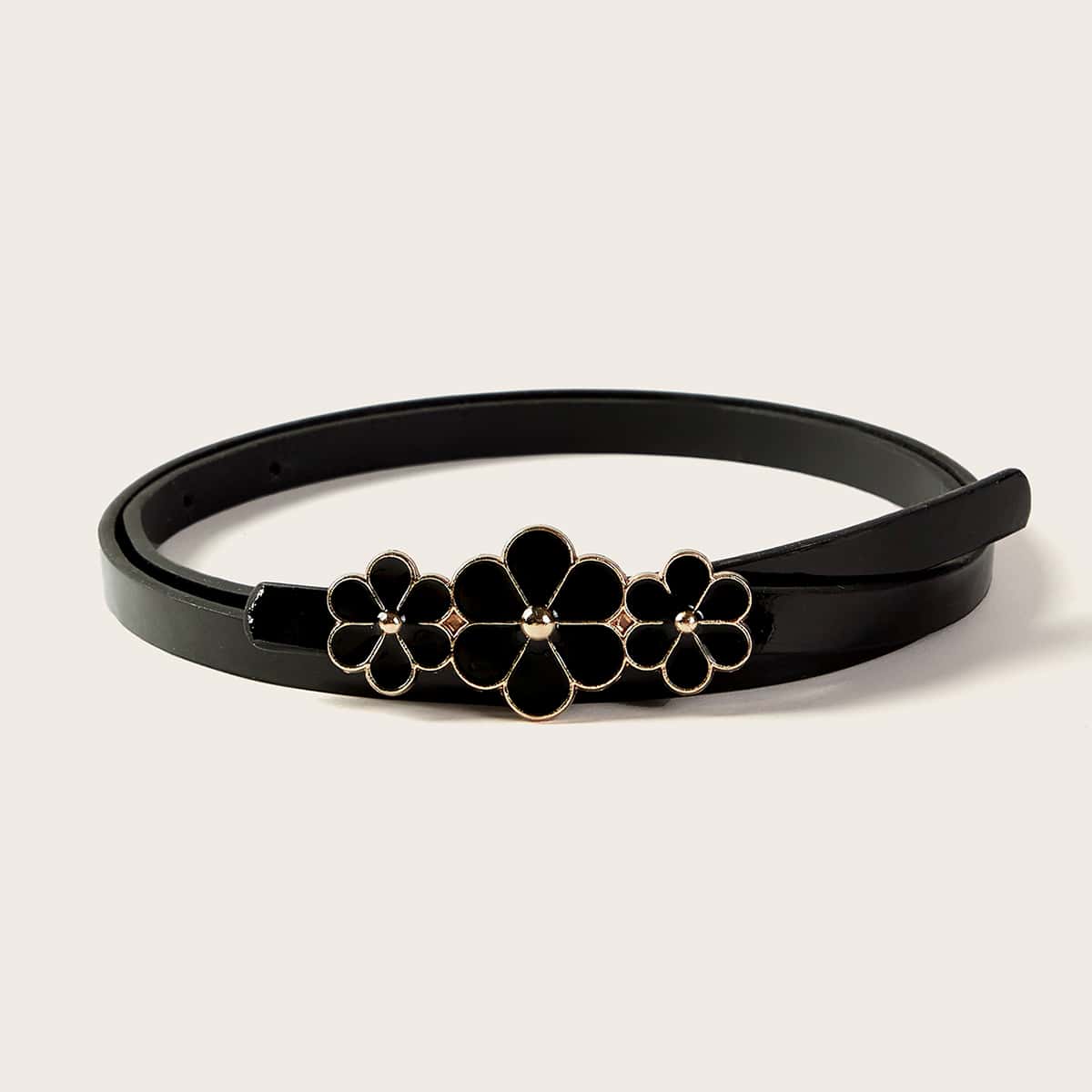 

Floral Buckle Skinny Belt, Black