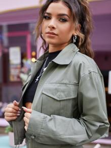 SHEIN X Kimberly Loaiza Chamarra bajo con cordón con bolsillo - Verde militar - Ver 3