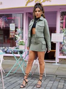 SHEIN X Kimberly Loaiza Chamarra bajo con cordón con bolsillo - Verde militar - Ver 6