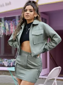 SHEIN X Kimberly Loaiza Falda cargo con bolsillo lateral con solapa - Verde militar - Ver 2