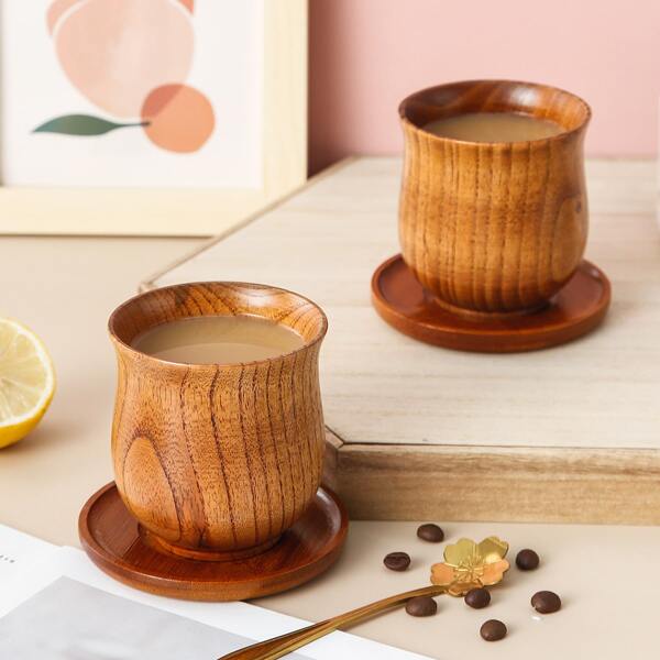 

1pc Wooden Tea Cup With Saucer, Brown