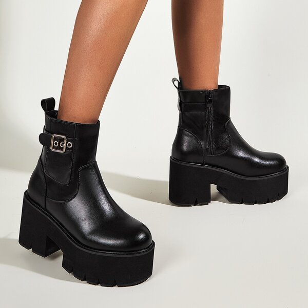 

Buckle Decor Chunky Heeled Platform Ankle Boots, Black