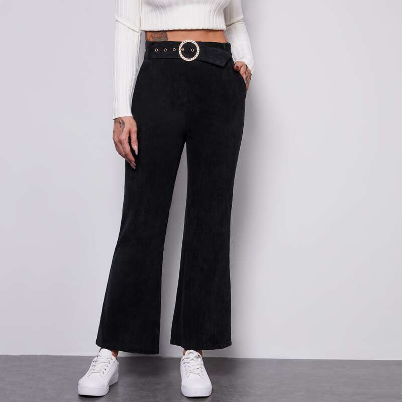 

Ring Belted Flare Leg Pants, Black