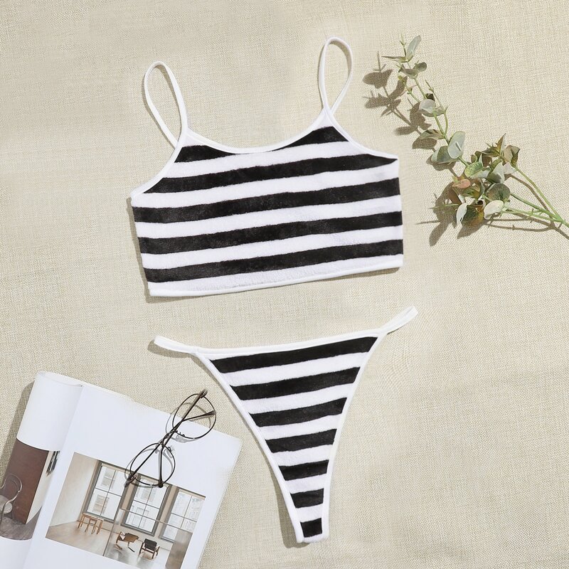 

Stripe Flannel Thong Lingerie Set, Black and white