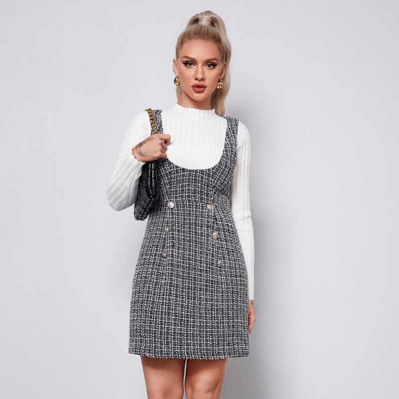 

Double Breasted Front Tweed Overall Dress, Black and white