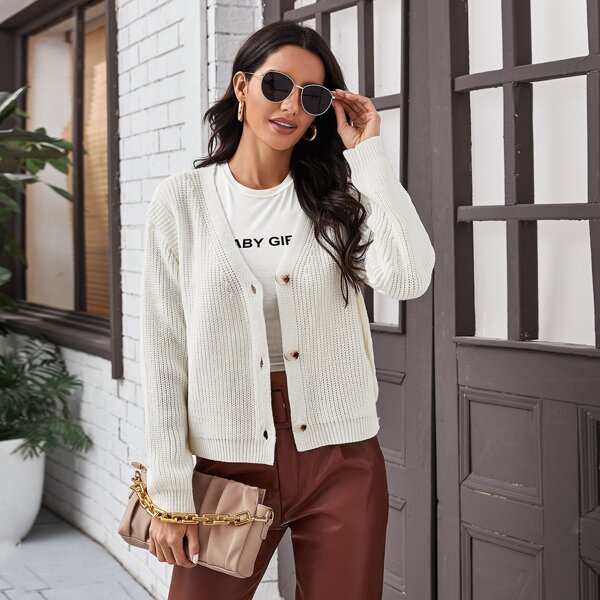

Button Front Solid Cardigan, Beige