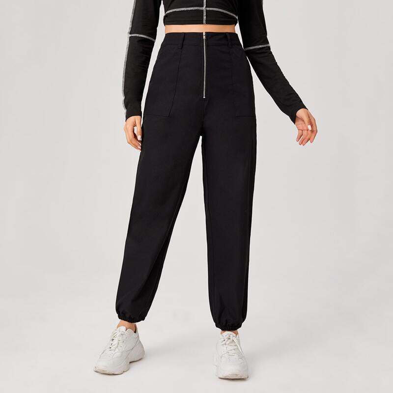 

Solid Zip Up Joggers, Black