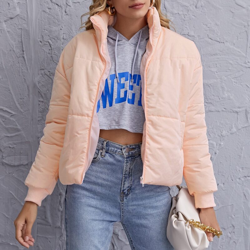 

Zip Up Pocket Side Puffer Jacket, Pastel baby pink
