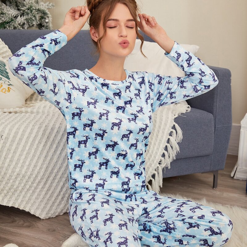 

Christmas Deer Print Pants PJ Set, Blue