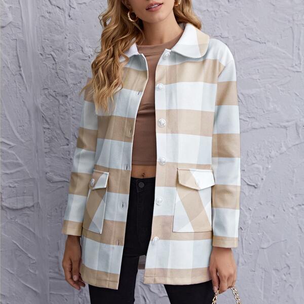 

Button Front Patch Pocket Gingham Coat, Multicolor