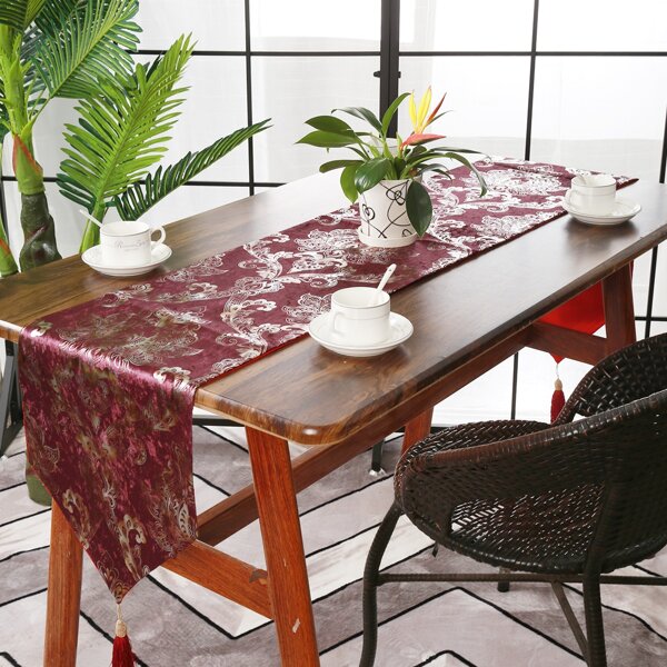 

Flower Print Table Runner, Maroon