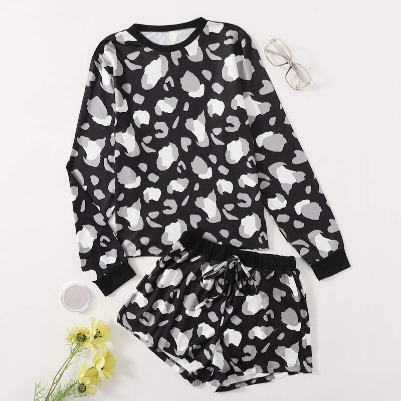 

Leopard Drawstring Waist Shorts PJ Set, Black