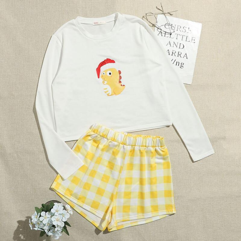 

Dinosaur Print Tee & Gingham Shorts PJ Set, Multicolor