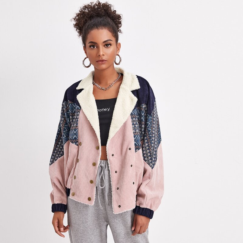 

Sherpa Lined Geo Pattern Corduroy Jacket, Multicolor