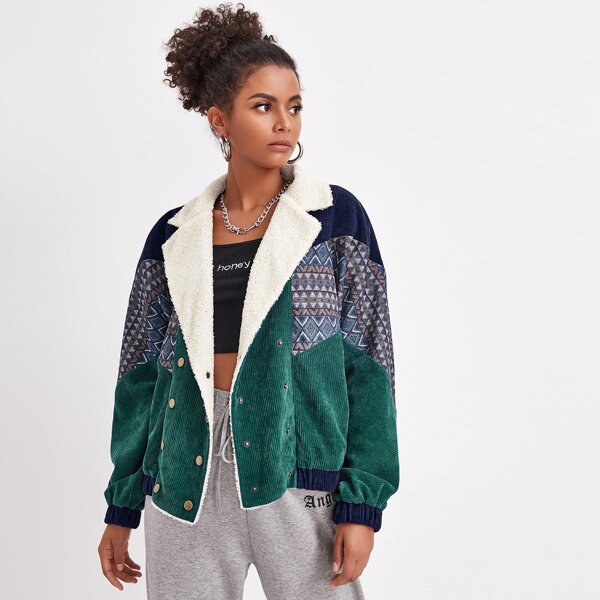 

Sherpa Lined Geo Pattern Corduroy Jacket, Multicolor