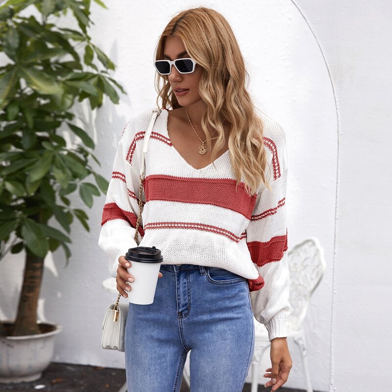 

V Neck Drop Shoulder Striped Sweater, White