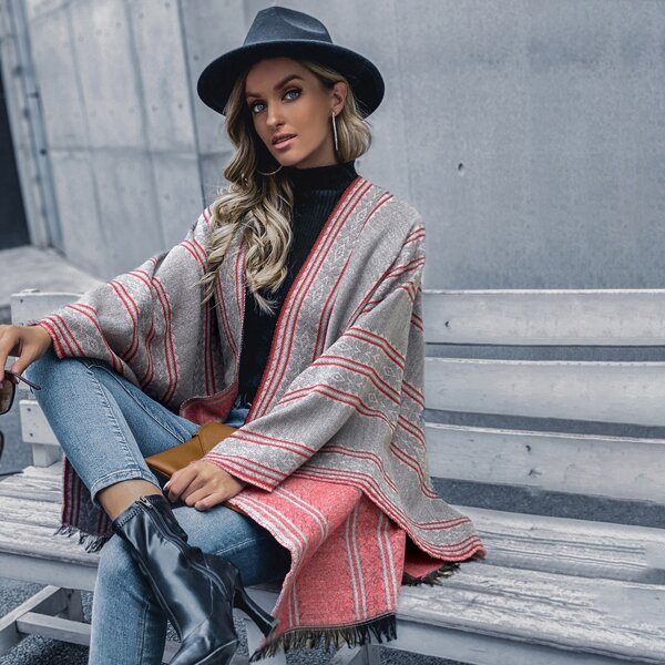 

Fringe Trim Striped Poncho Cardigan, Grey