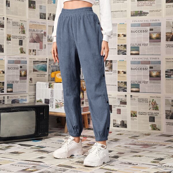 

Elastic Waist Corduroy Tapered Pants, Dusty blue